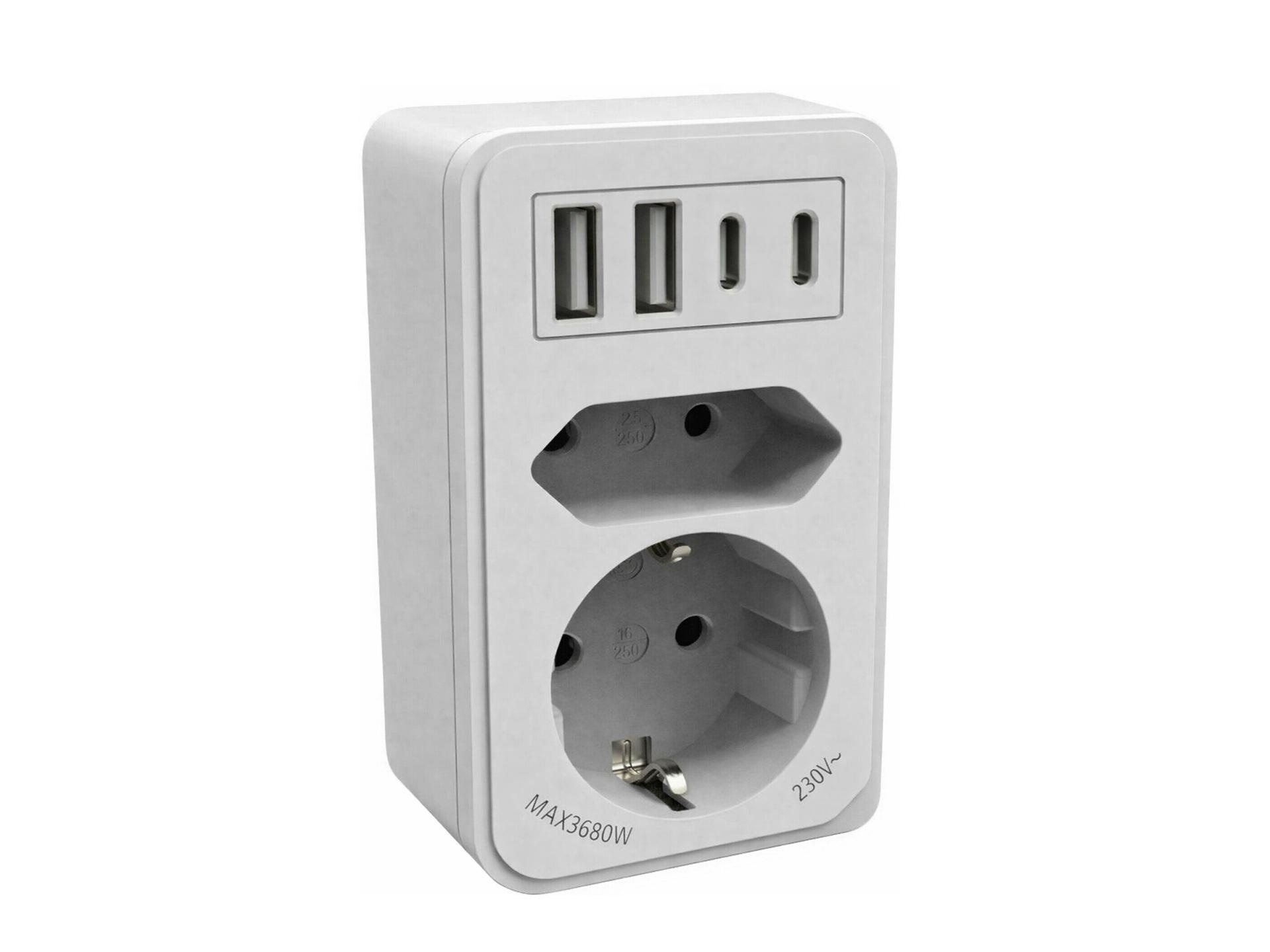 Calex doorvoerstekker wit met 2 stopcontacten + 2 USB A + 2 USB C aansluiting