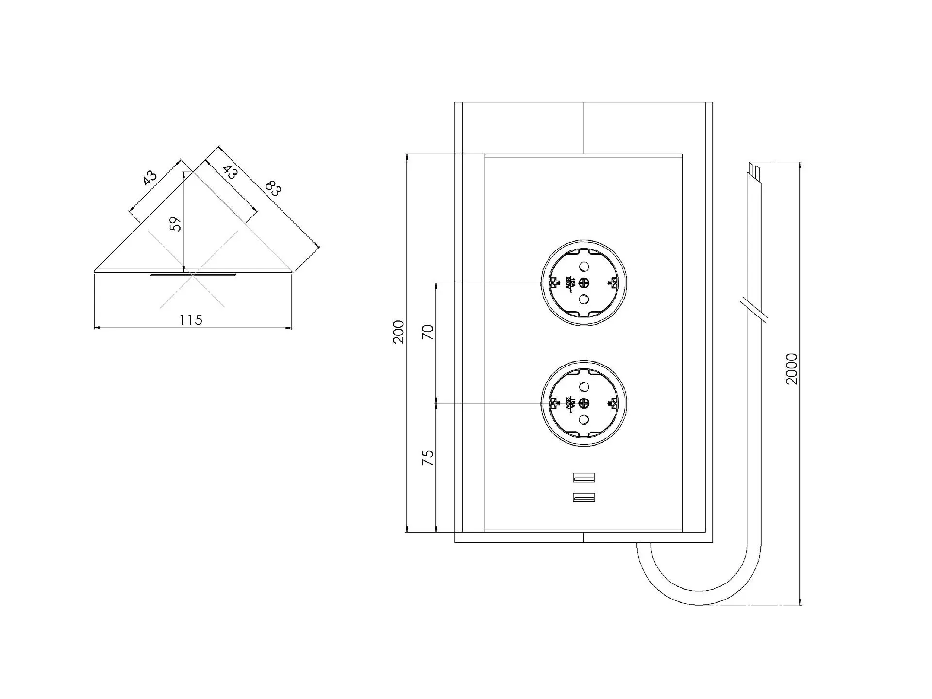 CARESSI 2ST20/USB Energiezuil Copper - opbouw met 2 stopcontacten en USB-A + USB-C aansluitingen