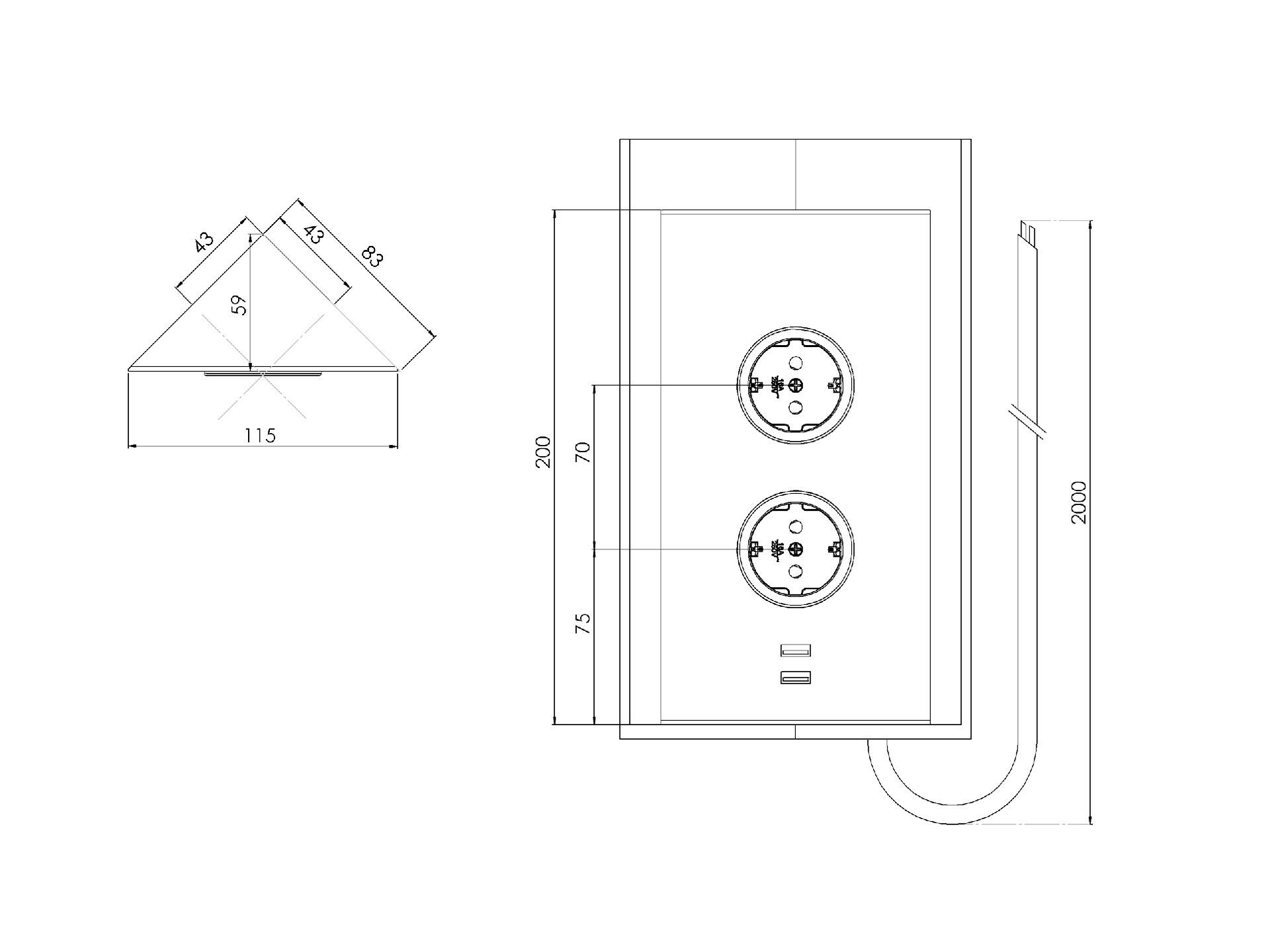 CARESSI 2ST20/USB Energiezuil RVS - opbouw met twee stopcontacten en USB-A + USB-A aansluitingen