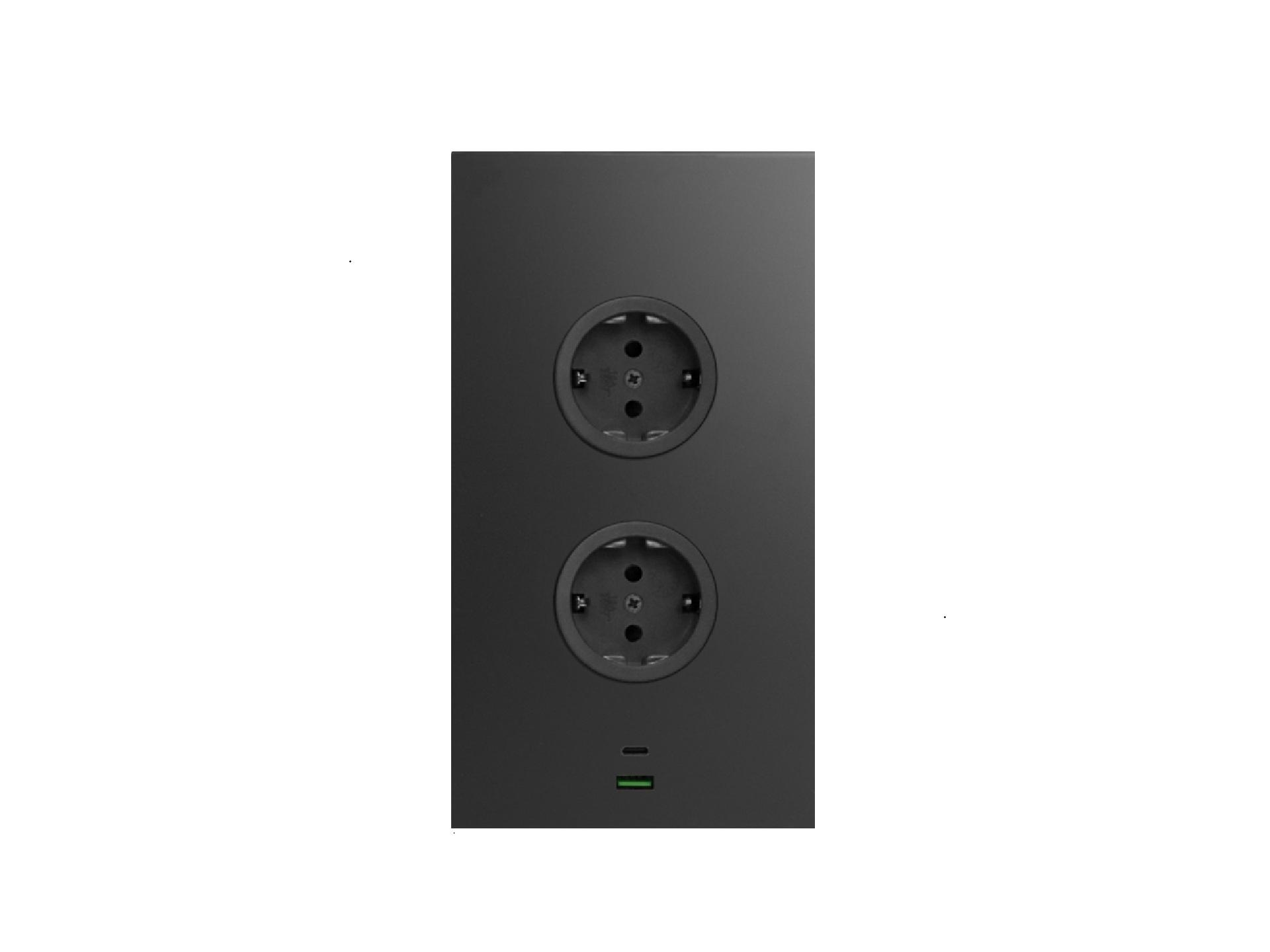 CARESSI 2ST20/USB Energiezuil Zwart - opbouw met twee stopcontacten en USB-A + USB-C aansluitingen
