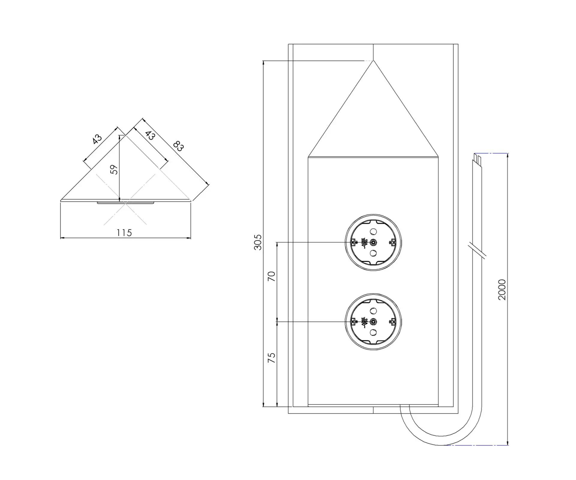CARESSI 2ST22P Energiezuil Copper - opbouw met twee stopcontacten