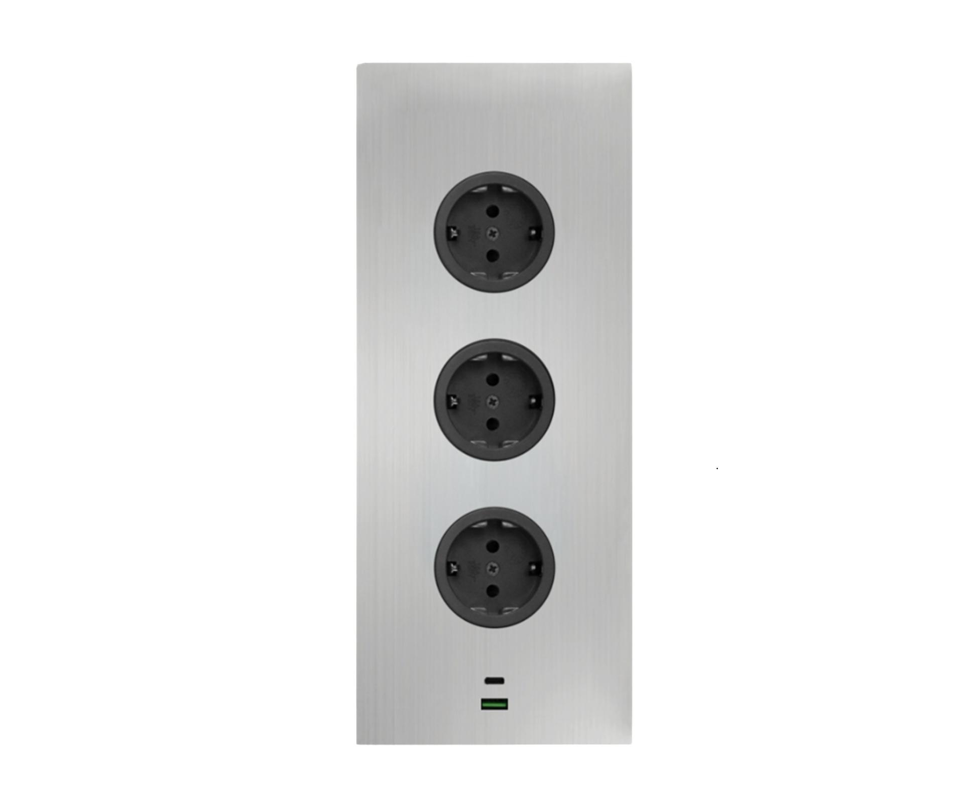 CARESSI 3ST29/USB Energiezuil RVS - opbouw met drie stopcontacten en USB-A + USB-C aansluitingen