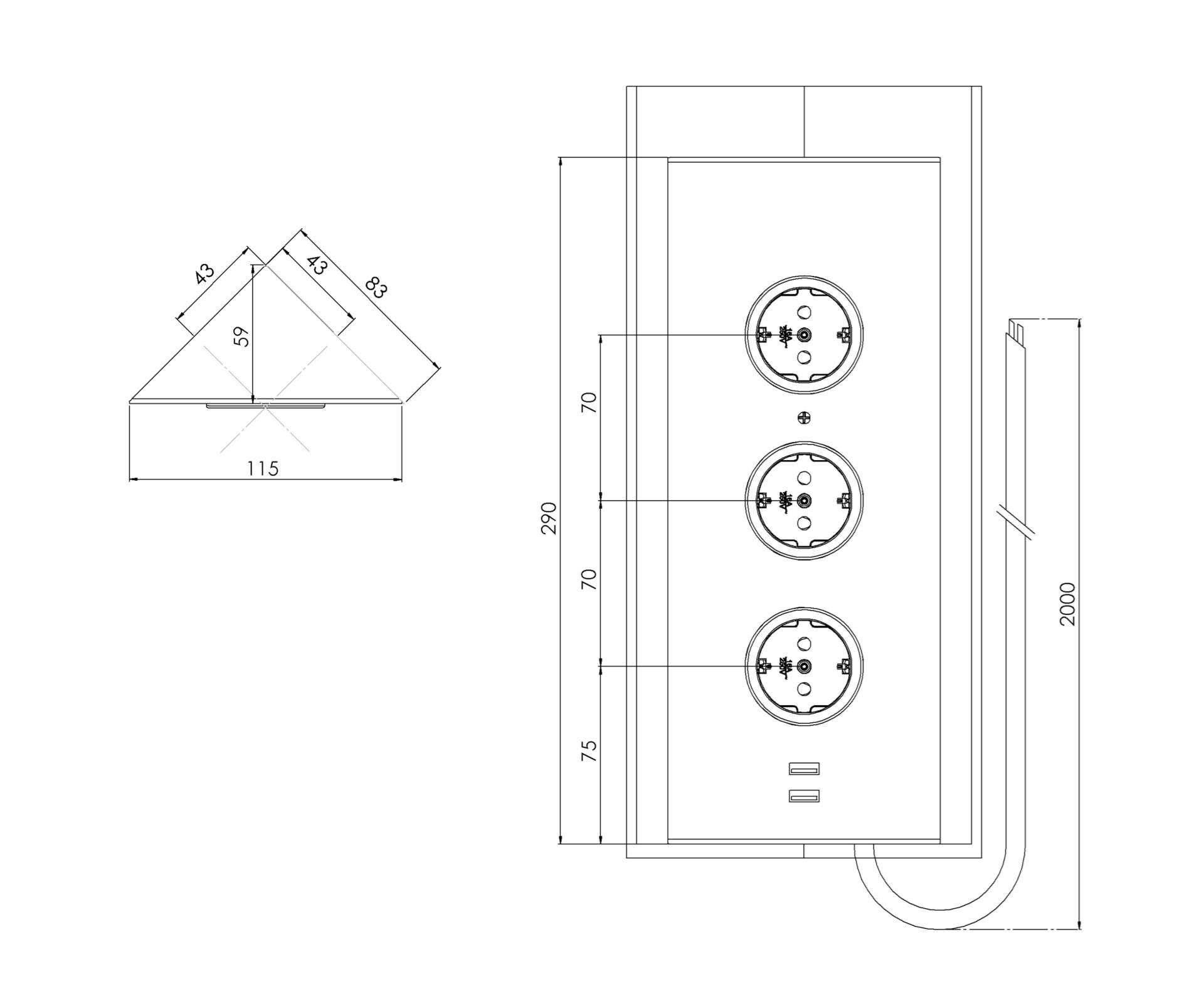 CARESSI 3ST29/USB Energiezuil Zwart - opbouw met drie stopcontacten en USB-C + USB-C aansluitingen