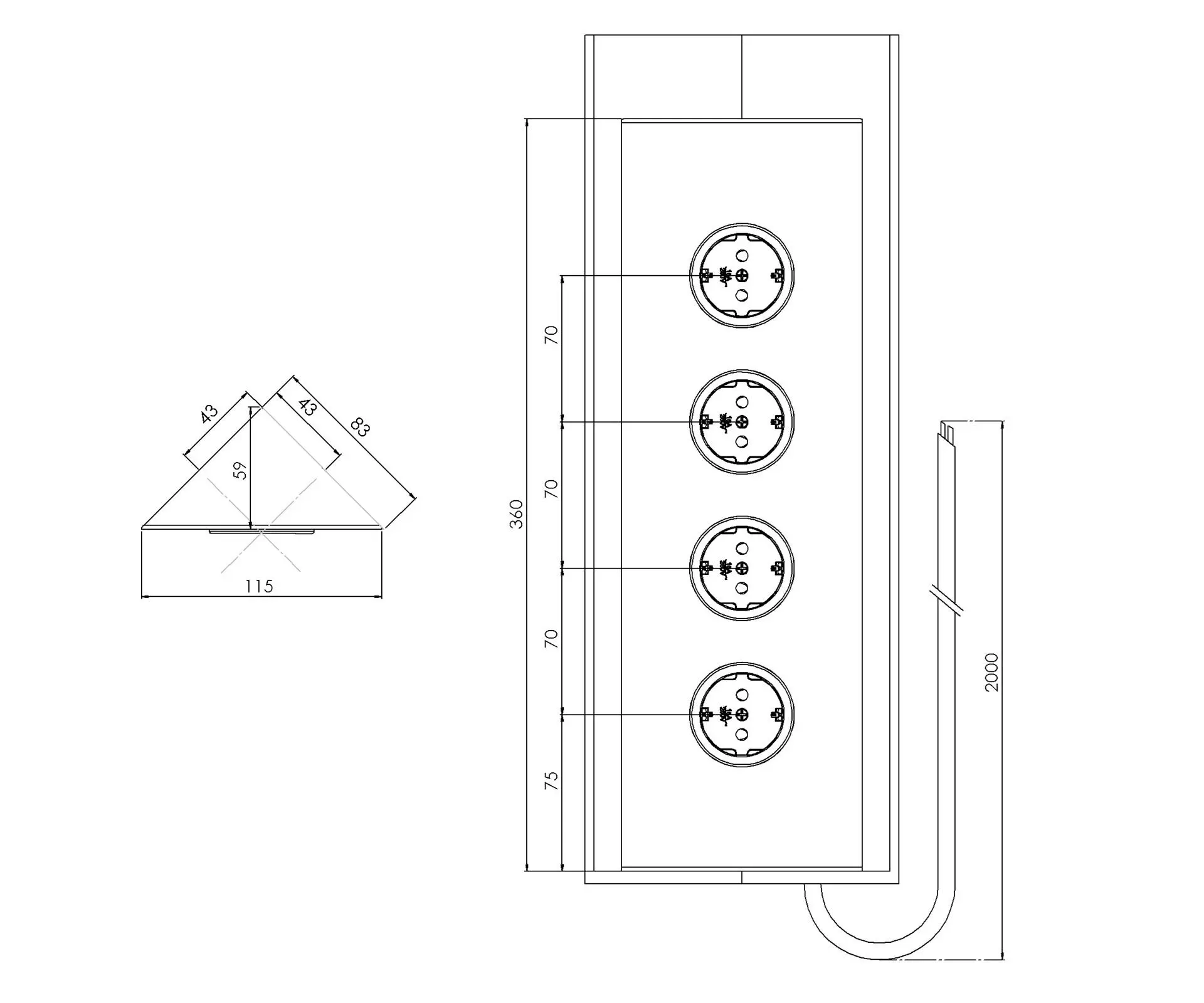 CARESSI 4ST36 Energiezuil RVS - opbouw met vier stopcontacten