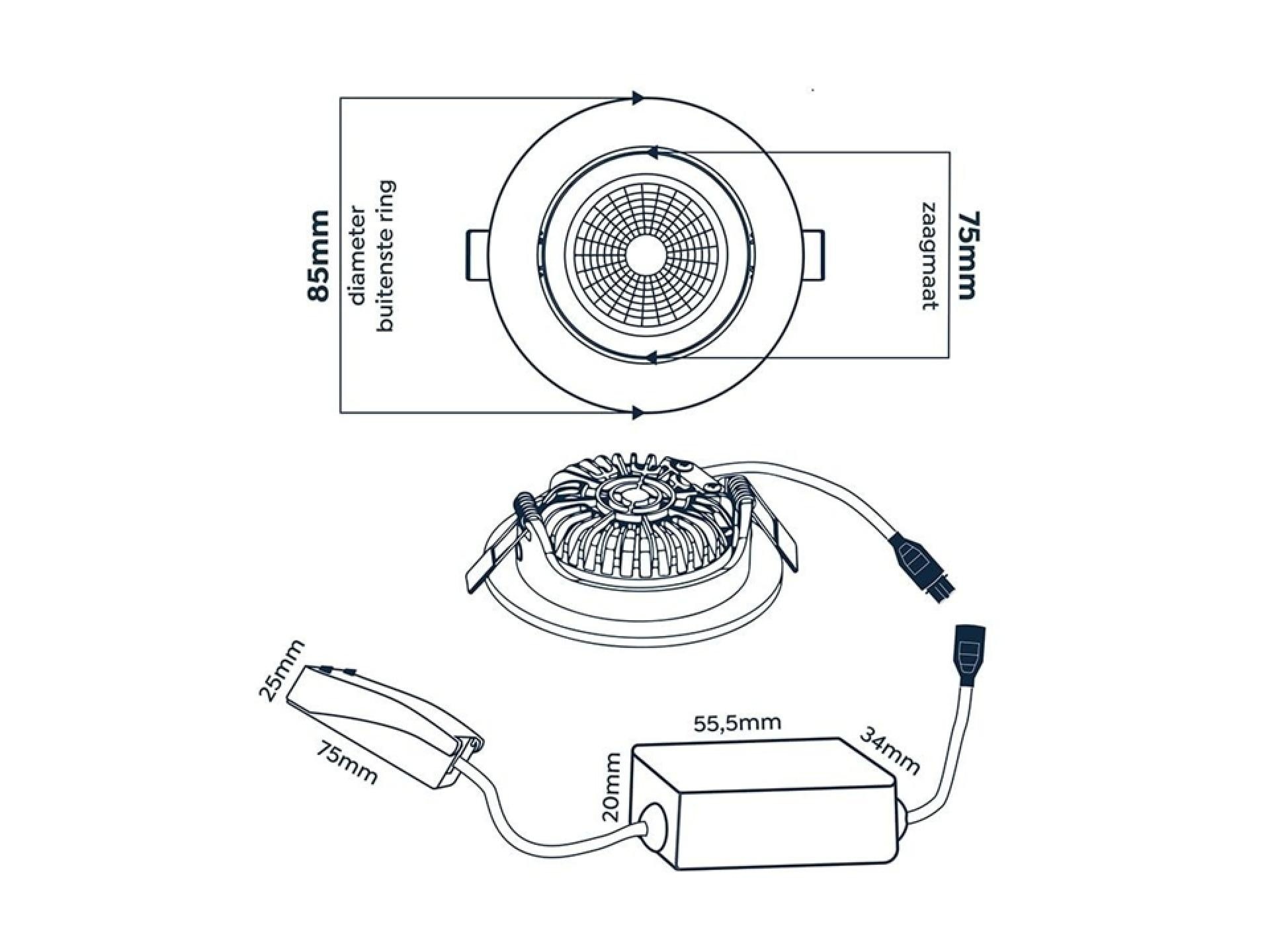 EcoDim dimbare led inbouwspot wit - 2700K warm wit - IP54 - Ø 85mm