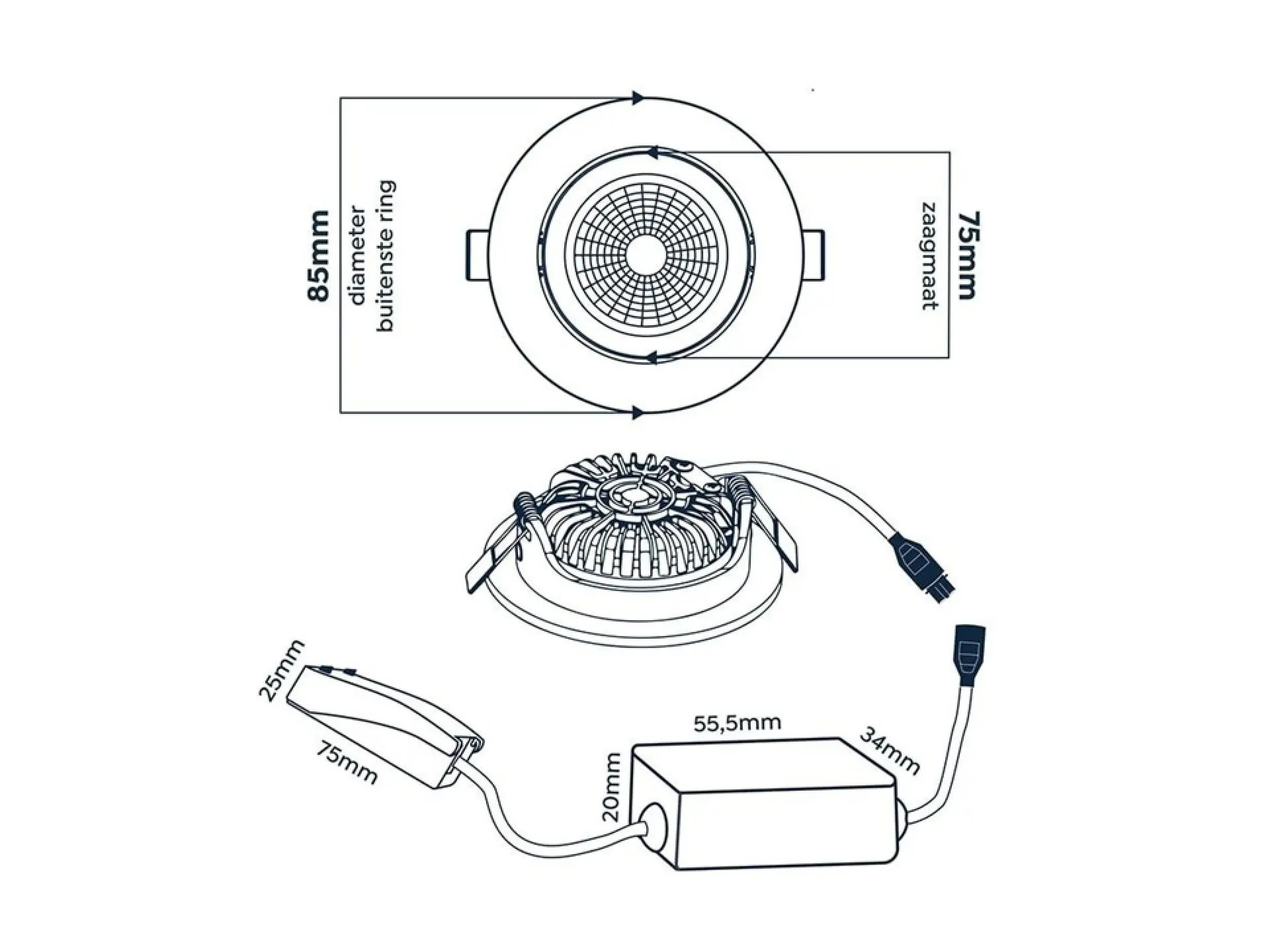 EcoDim dimbare led inbouwspot wit - 2700K warm wit - IP54 - Ø 85mm