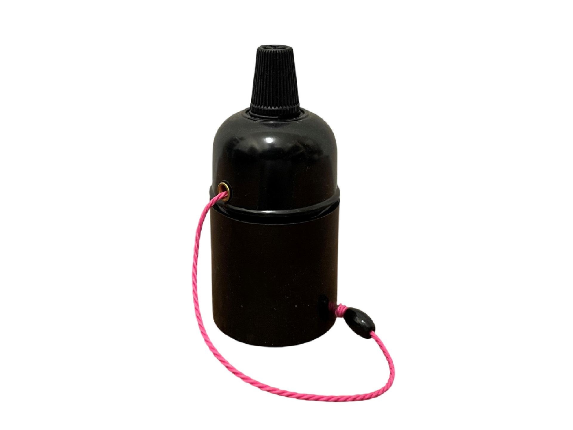 Fitting E27 zwart glad met trekschakelaar roze