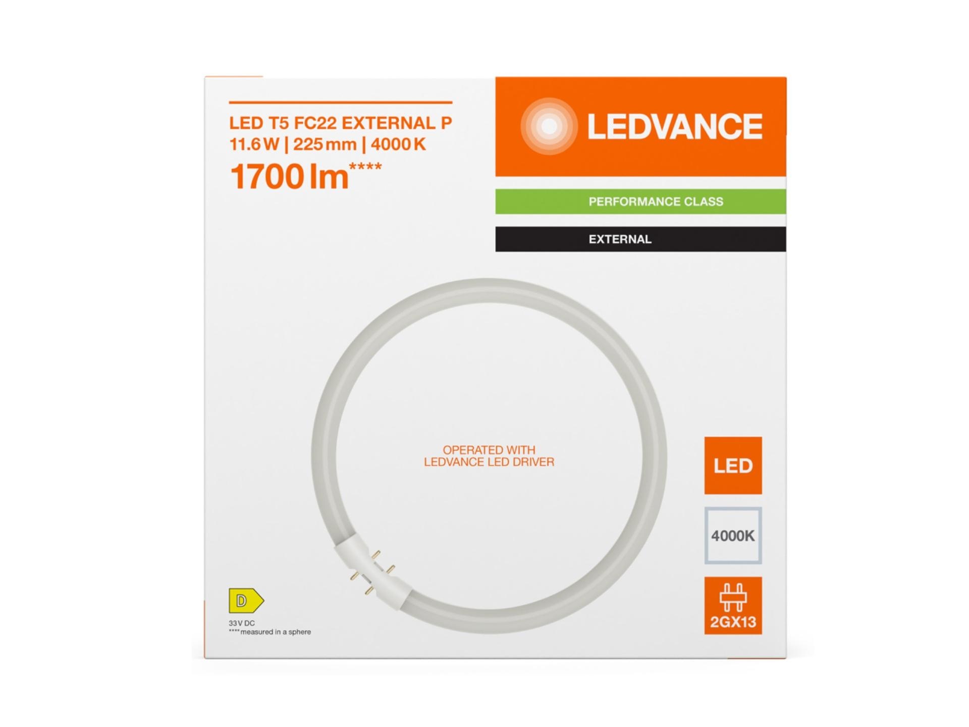 LEDVANCE LED T5 FC22 - 225mm - 11.6W 840 koel wit - 2GX13 - vervanger van 22W ronde TL T5 buis