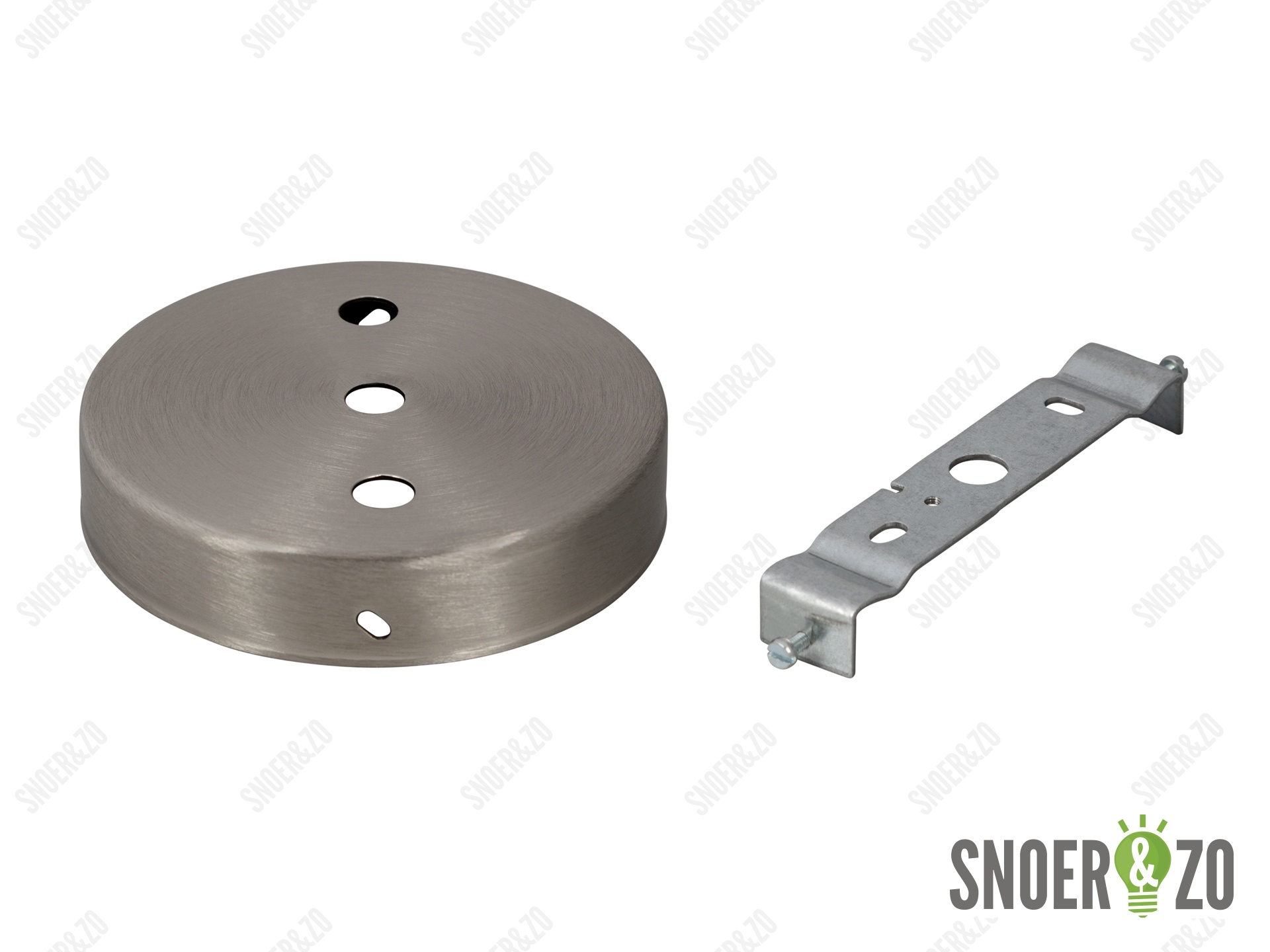 Plafondkap metaal plat geborsteld nikkel (RVS look) met 3 gaten en beugel