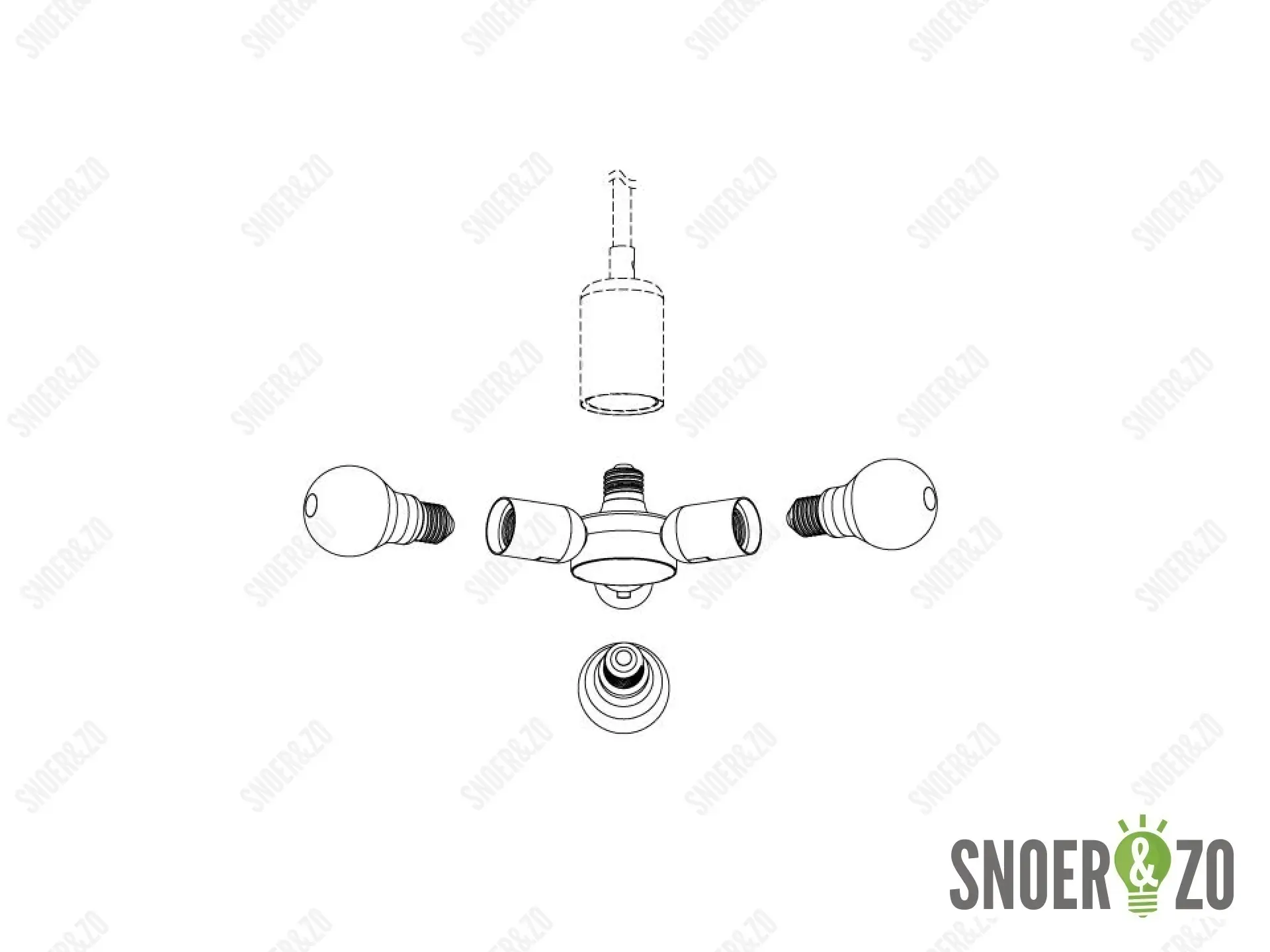 Verloop fitting van E27 naar 3 x E27 fitting zwart