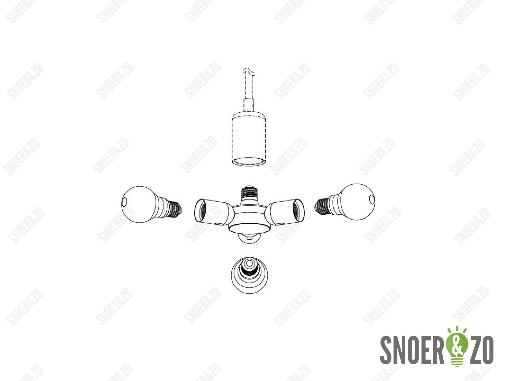 Verloop fitting van E27 naar 3 x E27 fitting zwart